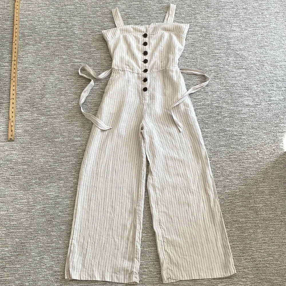 Mango 100% Linen Sleeveless Striped Button Front Wide Leg Jumpsuit Size Large